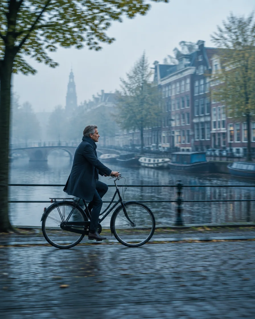Man op de fiets langs een gracht in de ochtend