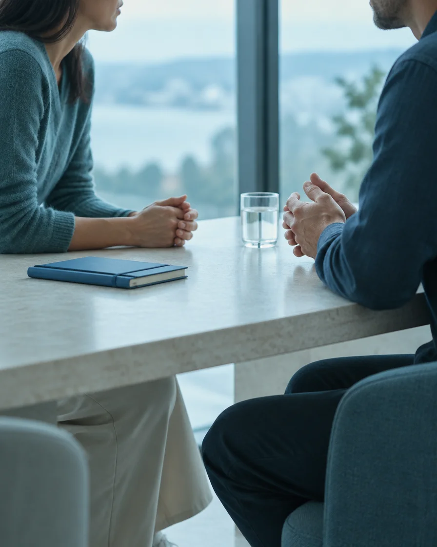 Twee mensen in een rustig gesprek aan een tafel bij het raam