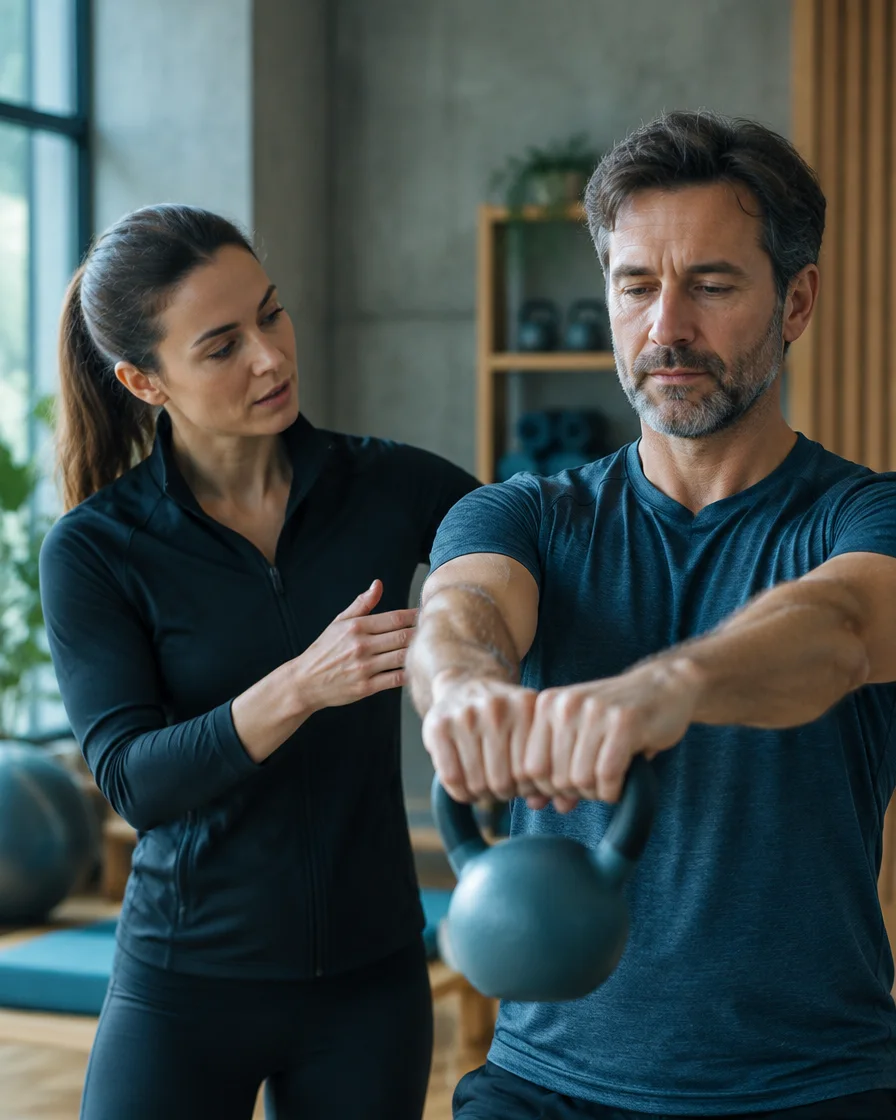 Coach begeleidt een man bij een rustige oefening in een trainingsstudio