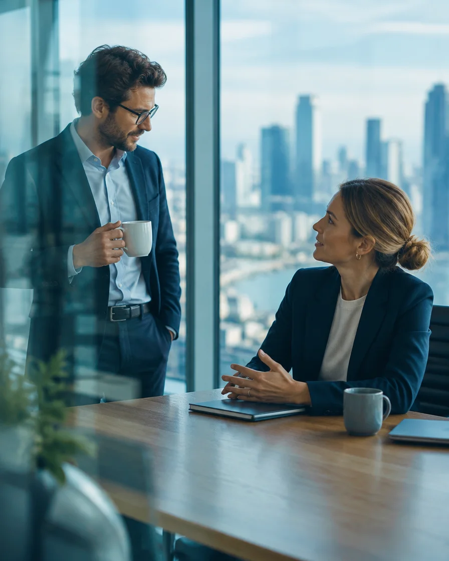 Twee professionals in gesprek in een licht kantoor
